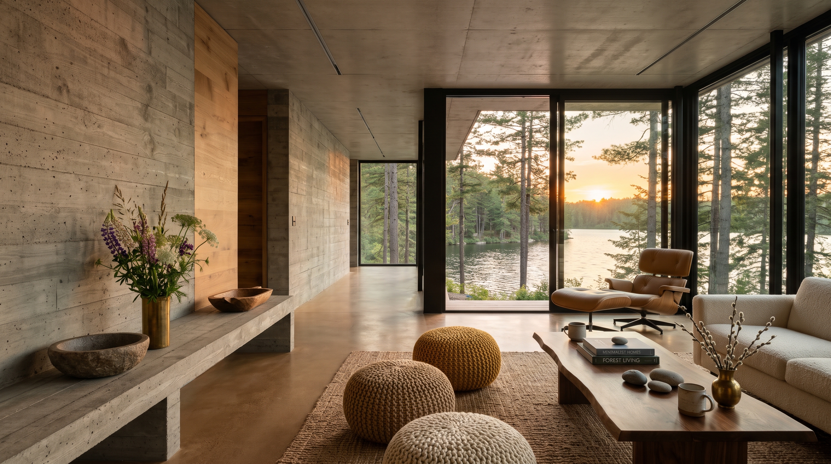 Living room at sunset with concrete walls, knitted poufs on a woven rug and floor-to-ceiling windows over a forest lake.