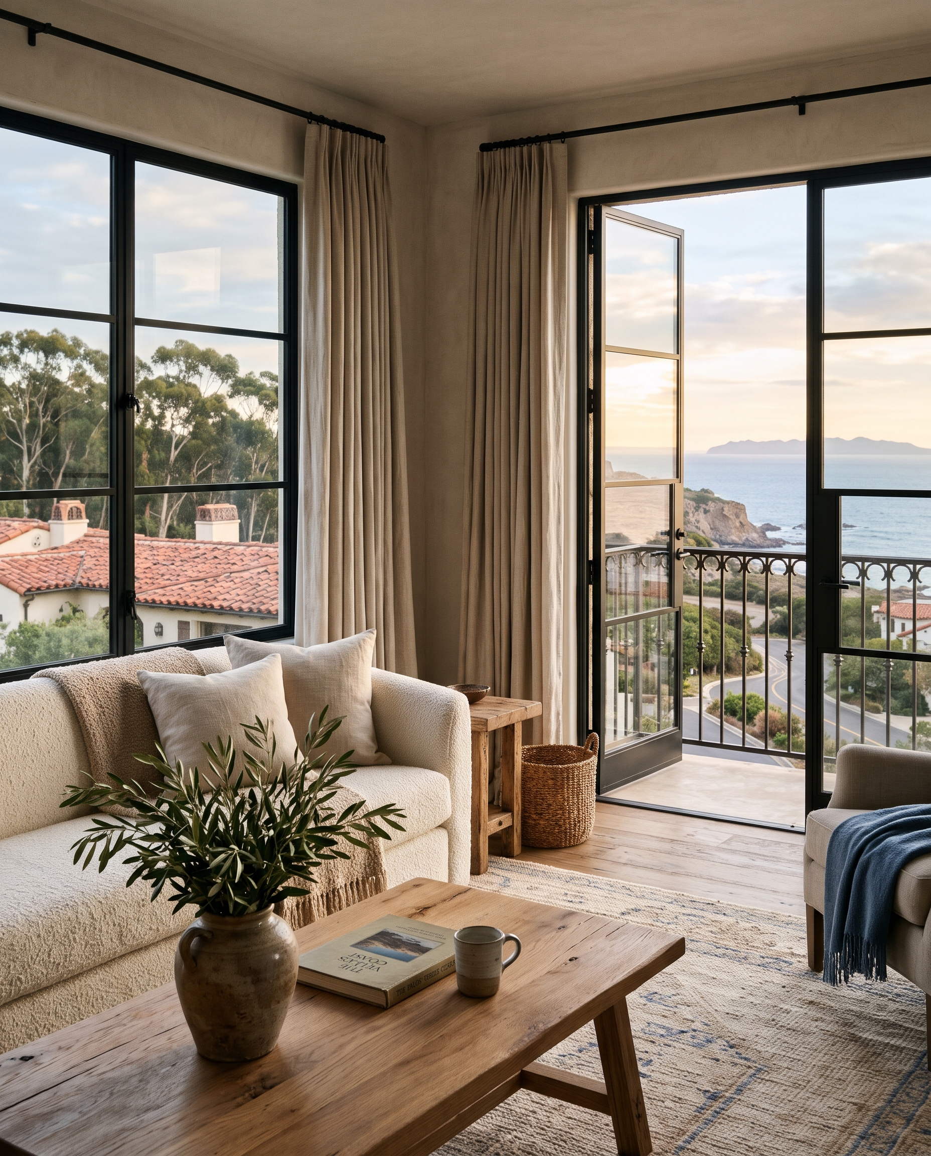 Living room in Palos Verdes Estates with a cream sofa and oak table, looking out over the coastal bluffs and the Pacific.