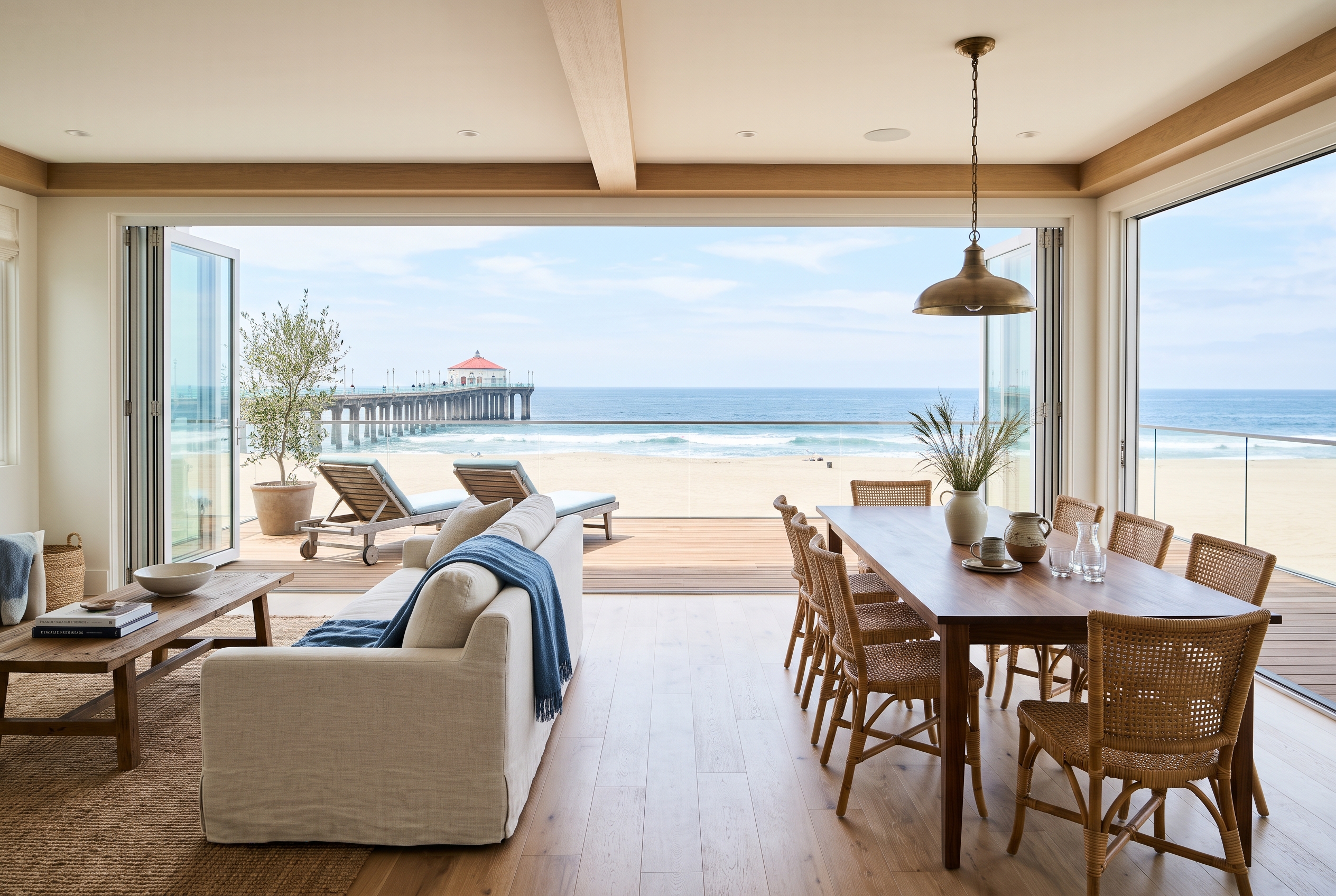 Bright coastal living and dining room in Manhattan Beach with glass doors opening toward the ocean and pier.