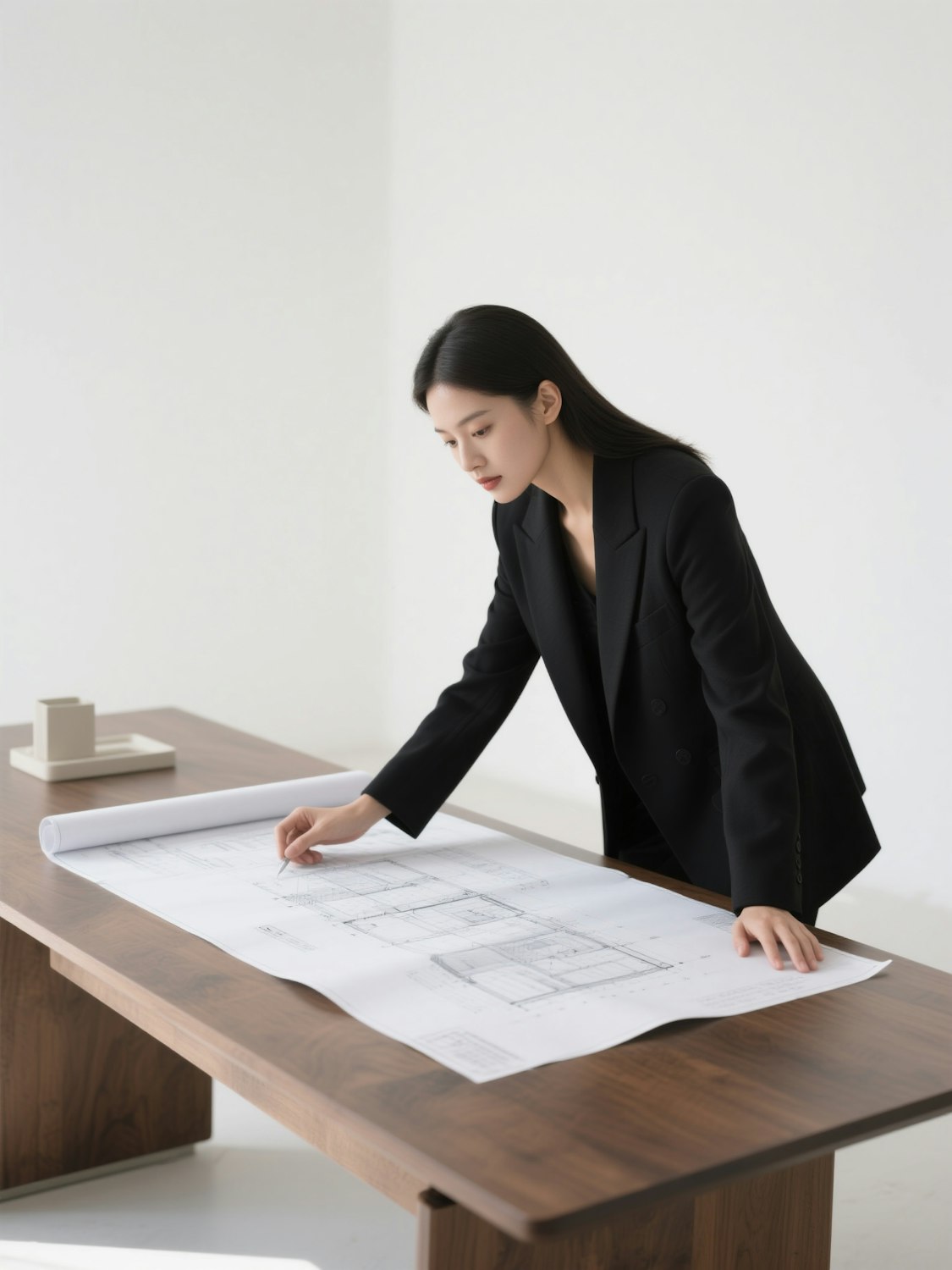 Architectural drawings reviewed on a wooden table.