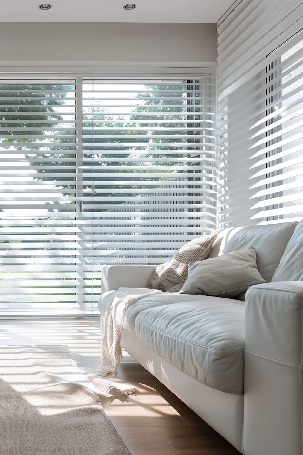 Bright living room with a leather sofa and soft sunlight.