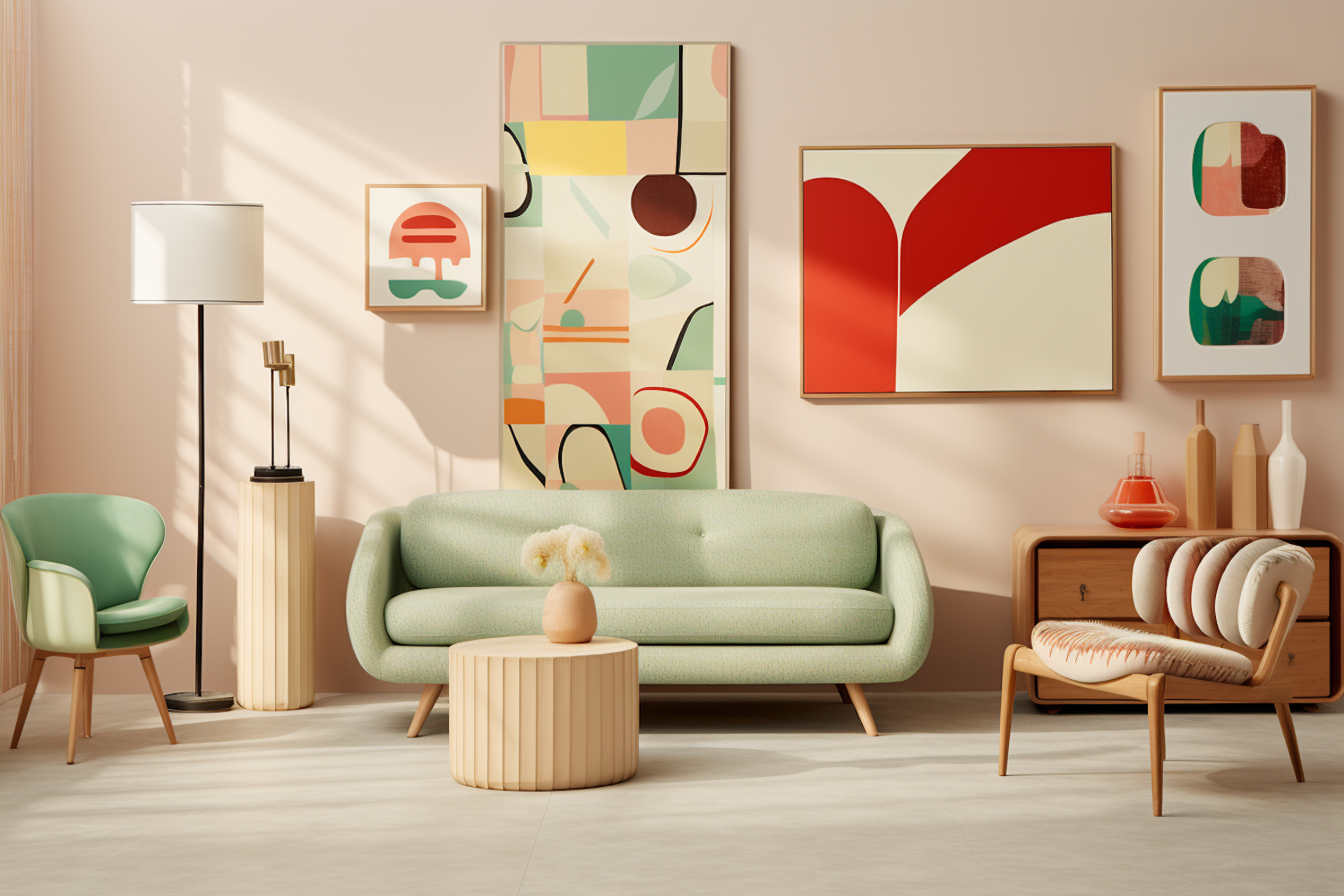 Living room with pastel furniture, abstract art and mid-century pieces.
