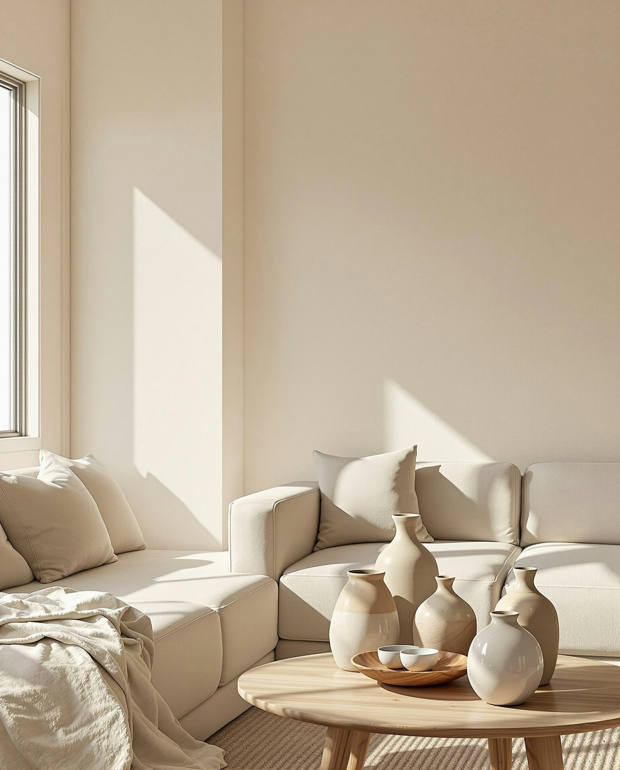 Living room with a cream sectional sofa, wooden coffee table and ceramic vases in warm sunlight.